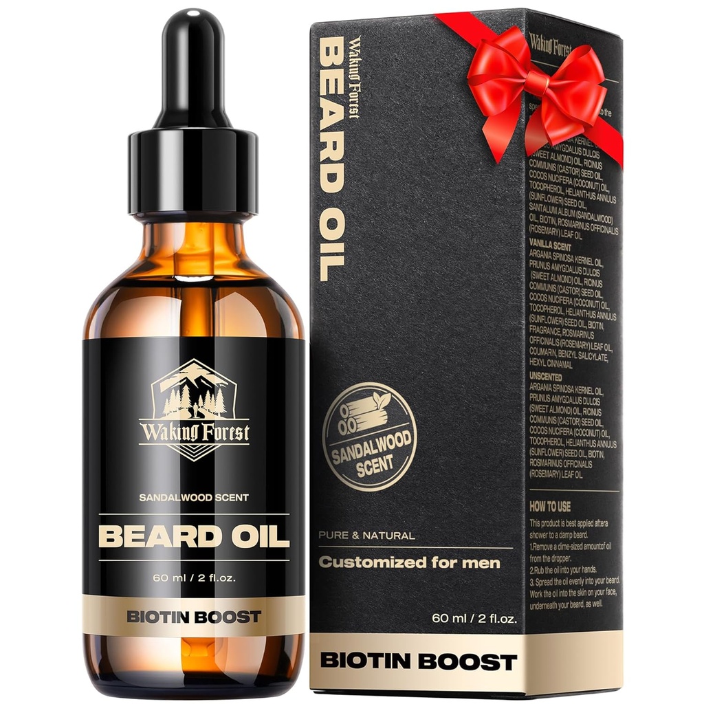 Aceite de crecimiento de la barba forestal de Waking - Biotin Sandalwood Oil with Vitamin E, Rosemary " Castor for Thicker, Softer, Stronger Beards (2oz)