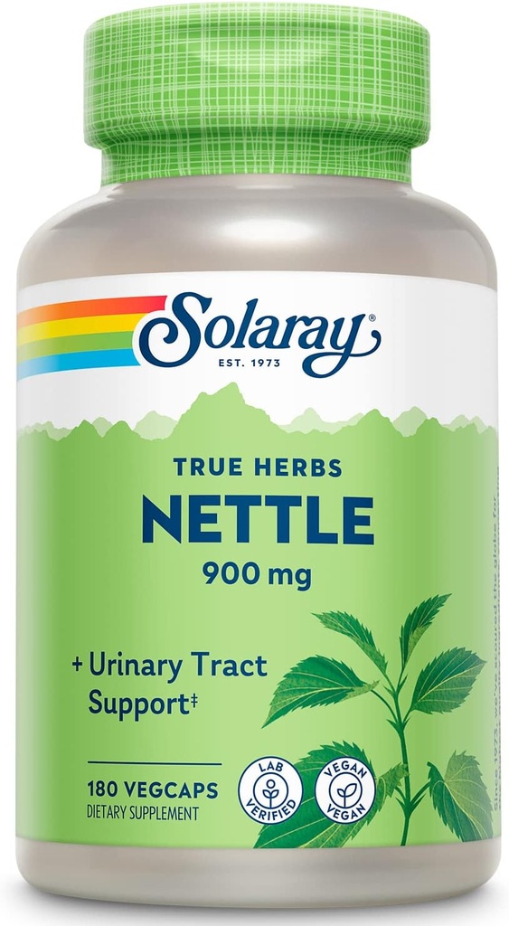 SOLARAY Nettle Leaf 450mg Healthy Kidney, Urinary &amp; Prostate Support Uso tradicional para la respuesta de alergia saludable y bienestar respiratorio 180 CT