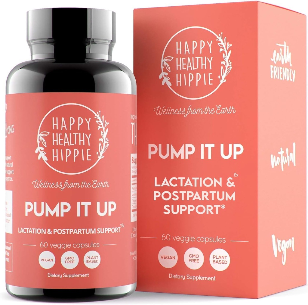 Happy Healthy Hippie Pump It Up Lactation Supplement – Postnatal Vitamins for Women Breastfeeding ← Apoyo Breast Milk Supply Incrementar ← Fennel Seed, Chamomile, Motherwort, Raspberry Leaf ← 60 Ct