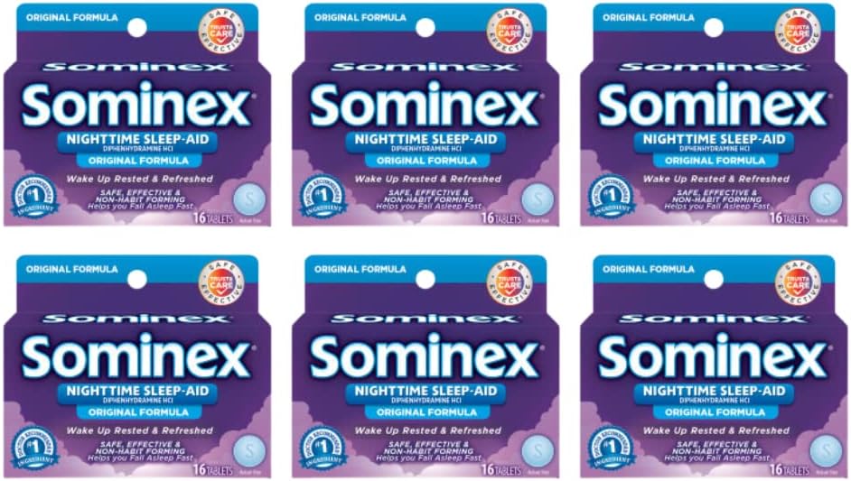 Sominex Nighttime Sleep-Aid con Diphenhydramine HCl 25 mg, Fórmula original, 16 Tabletas, (Pack of 6)