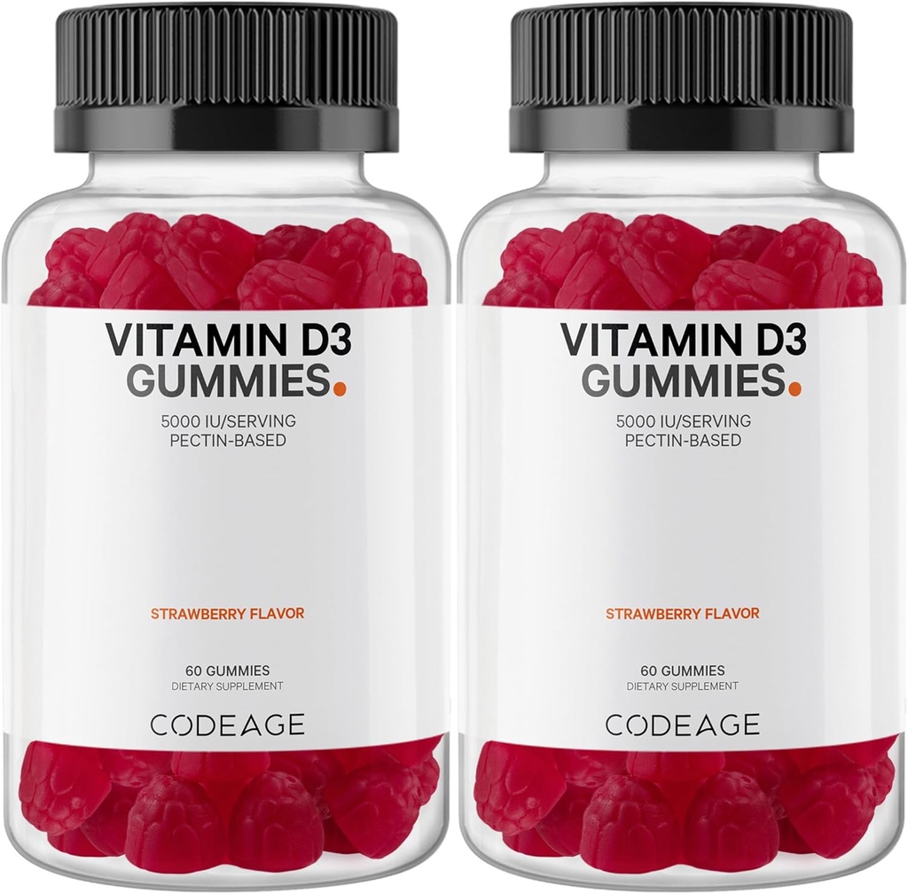 Vitamina D3 Gummy Vitaminas, Vitamina D3 5000 UI Gummies Cholecalciferol 125 mcg, Soft Pectin-Based, Animal Gelatin-Free Gummy, Gummies Vitaminas, Tasty Strawberry, Non-GMO - 2-Pack