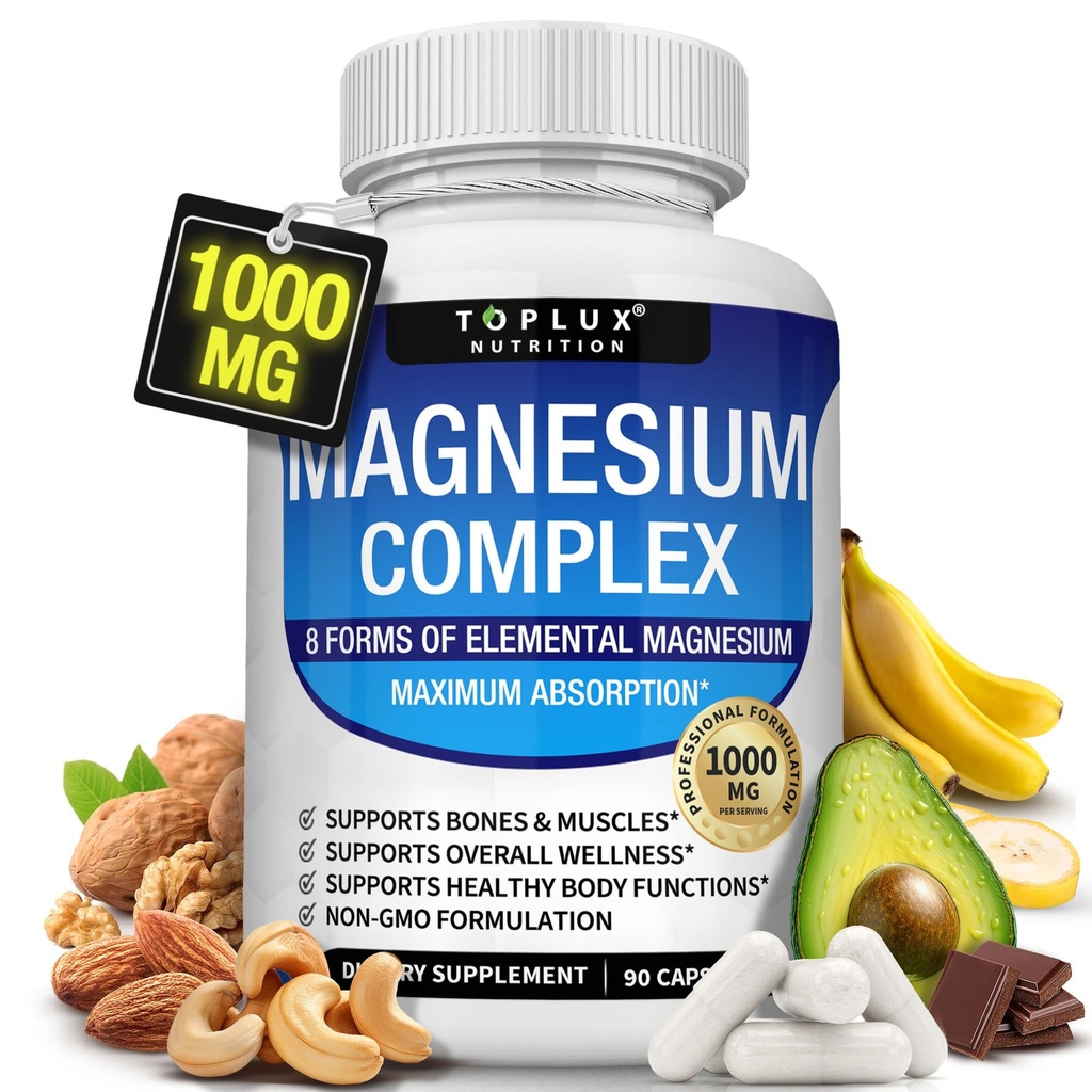 Suplemento Complejo de Magnesio 8 Elemental 1000mg - Magnesium Glycinate, Citrate, Malate, Taurate, Chelated for Easy Absorption for Bones, Muscle, Recovery, Energy, Vegan Non-GMO 90 cápsulas