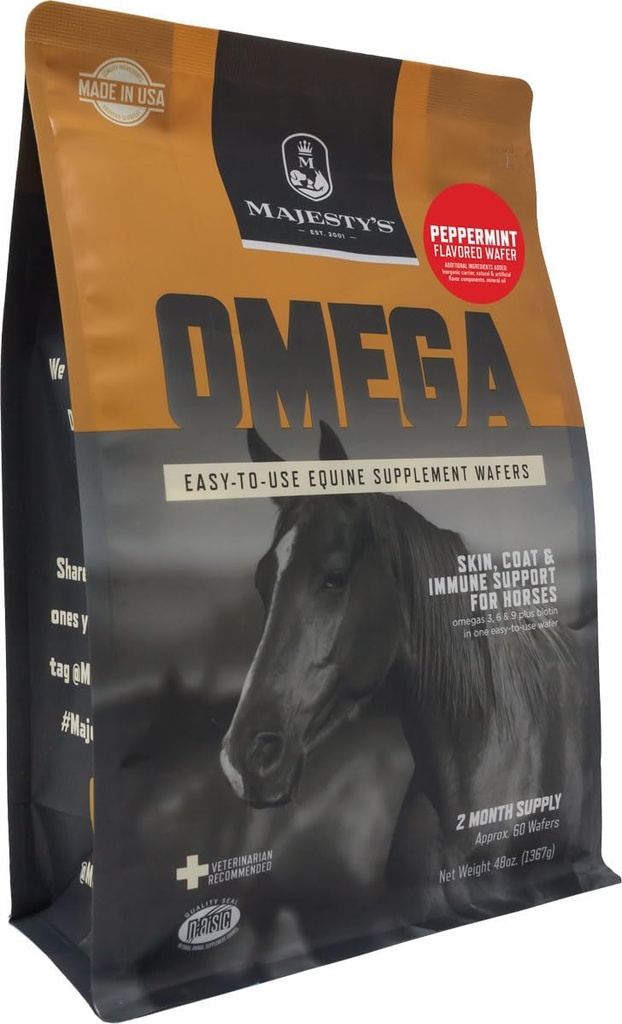 Omega Wafers de Majestad - Superior Horse/Equine Skin, Coat y Immune Support Suplemento - Omega 3, 6, 9, y Biotin (Peppermint, 60 Conde)