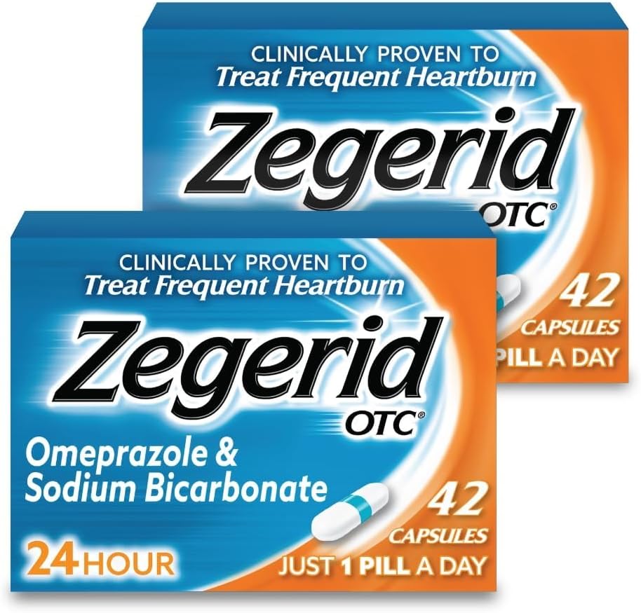 Zegerid OTC, Omeprazole Plus Bicarbonato de Sodio, 24 horas, Proton Pump Inhibitor (PPI), Heartburn Medicine, Acid Reducer, Two 42ct Cartons