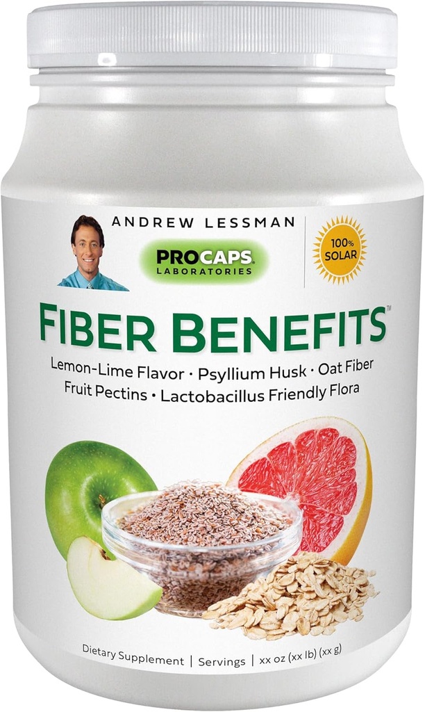 ANDREW LESSMAN Fiber Benefits Powder 60 Servings - Lemon-Lime, Gentle, Natural Soluble/Insoluble Fiber, promueve la regularidad, limpieza. Psyllium Husk, Oat, Apple, Grapefruit, Guar Gum, Probiotics