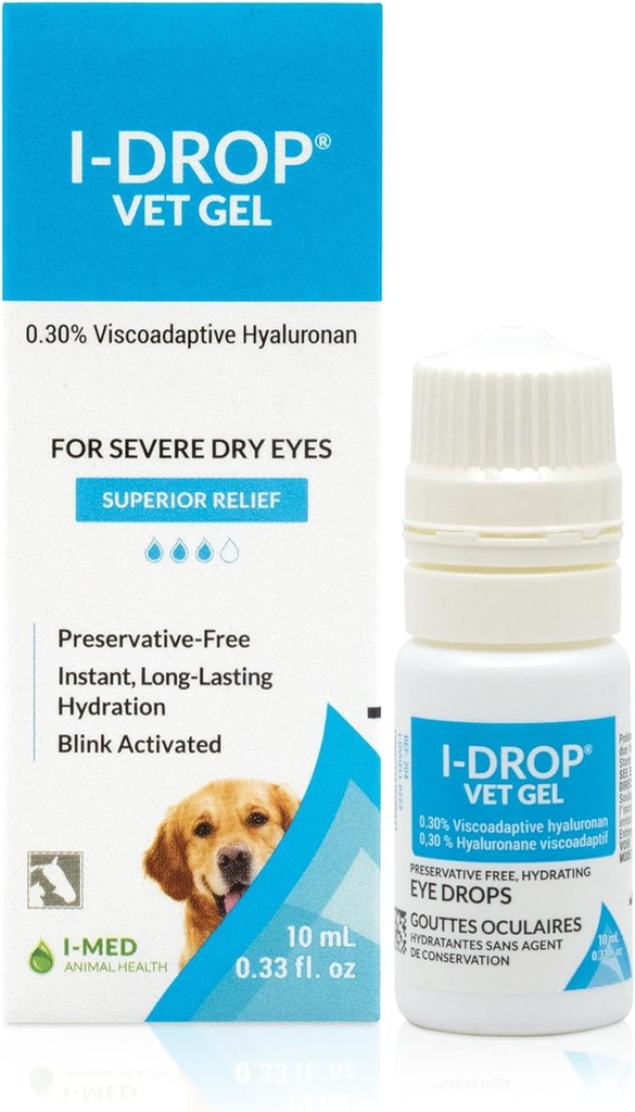 I-DROP Vet Gel: Pet Eye Drops for Dogs ← Lubricate Acute/Seasonal Dry Eyes ← Superior Comfort tención Larga duración Relieve la aplicación Necesitada, 0,30% Hyaluronan  dosis multipresiva Bottle  durable One Bottle 10 ml