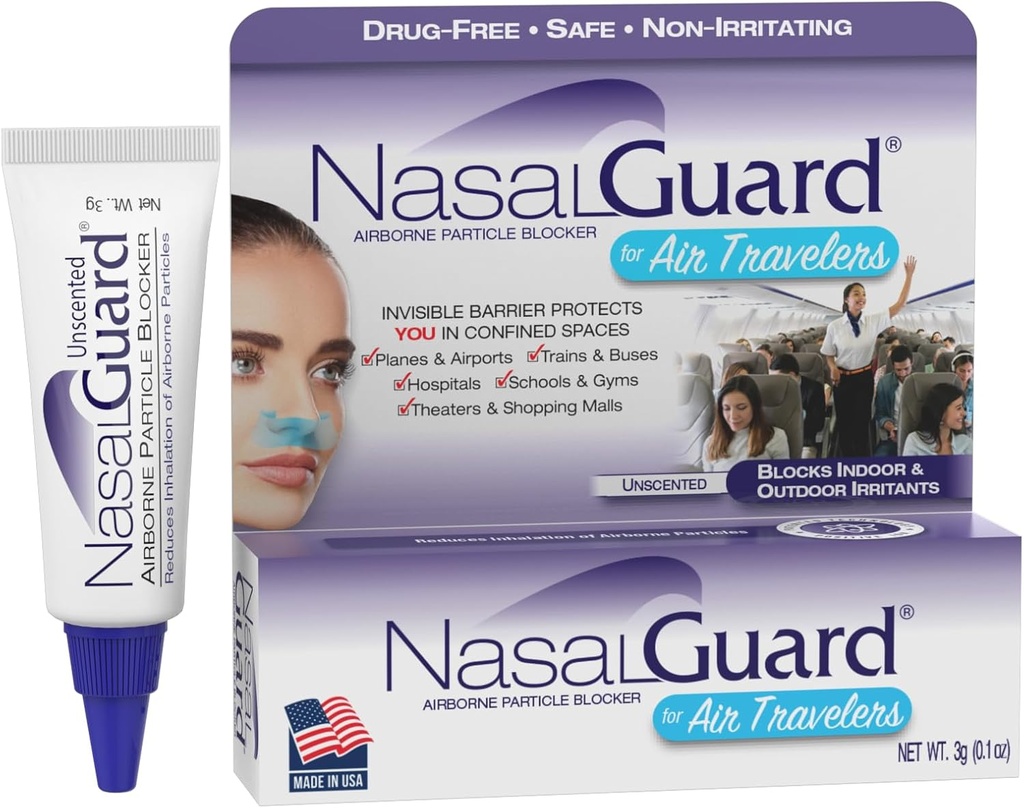 Airborne Particle Blocker Nasal Gel for Air Travelers - Drug-Free, Non-irritating, Non-drowsy, Airplane Travel Approved (Unscented) - Over 150 Applications Per Tube (0.1 oz, Pack of 1)