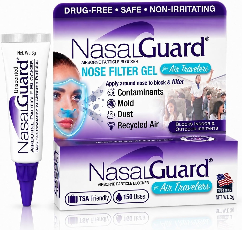 Bloqueador de partículas aerotransportados Nasal Gel for Air Travelers - Drug-Free, Non-irritating, Non-drowsy, Airplane Travel Aprobado (Unscented) - Más de 150 Aplicaciones Por Tube (0.1 oz, Pack of 1)