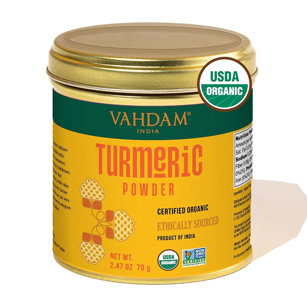 VAHDAM, Orgánica Turmeric Powder w / Alta Curcumin (2.47oz) USDA Orgánica, 100% cruda de India ← Gluten-Free, Non-GMO ← Premium Quality " Aroma  durable Single Origin Spice  sometida Direct from Source