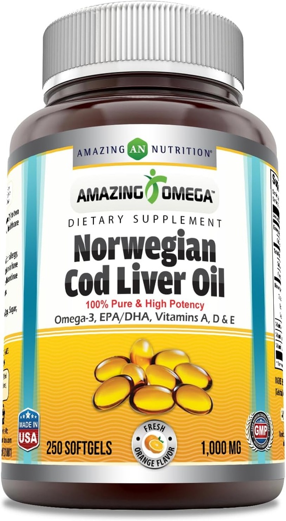 Increíble Omega Norwegian Cod Liver Oil 1000 Mg Softgels Suplemento Ø Omega-3, EPA, DHA, Vitamina A, D &amp; Vitamina E (Orange peru 250 Conde)