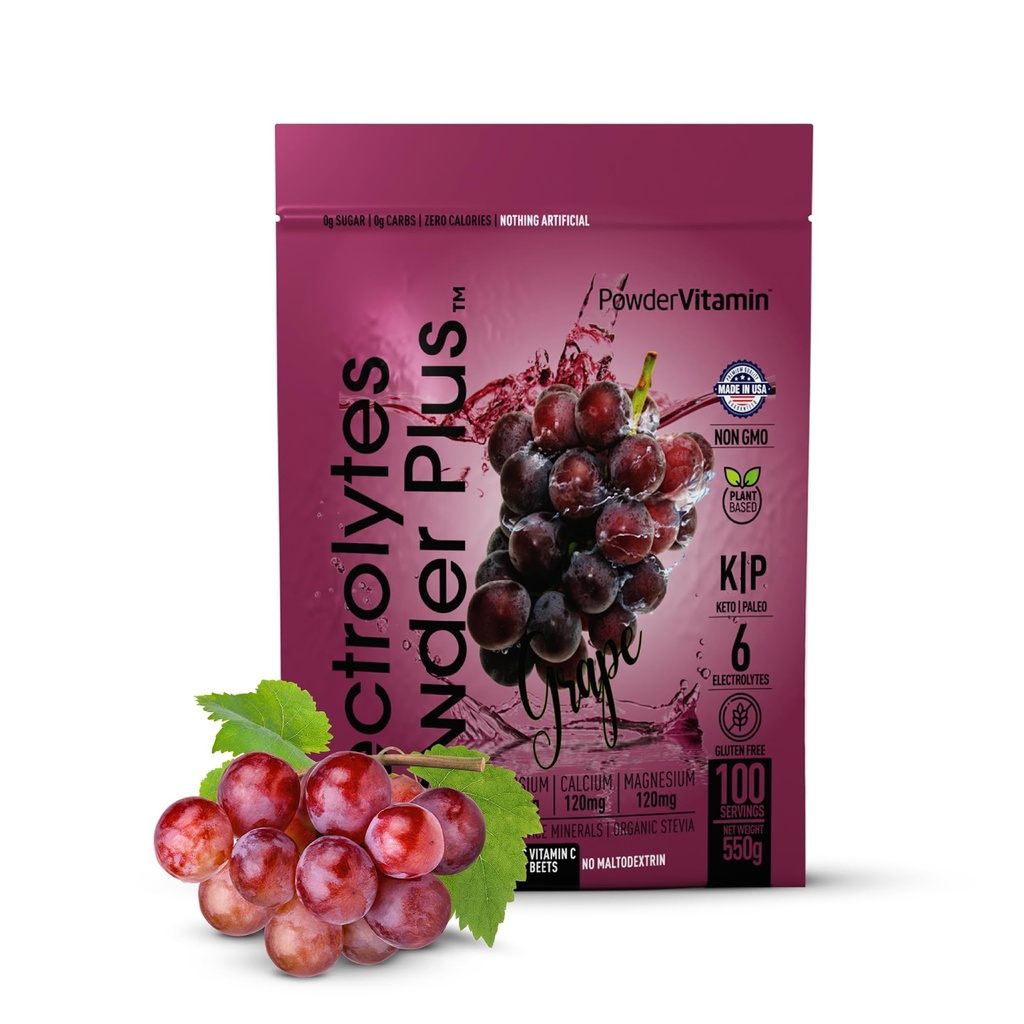 PowderVitamin Electrolytes Powder Plus (100 Servings) Grape Electrolyte Powder Zero Calorie Keto, 0 Sugar, No Maltodextrin,1000mg Potassium,120mg Calcium,120mg Magnesium, Hydration Powder