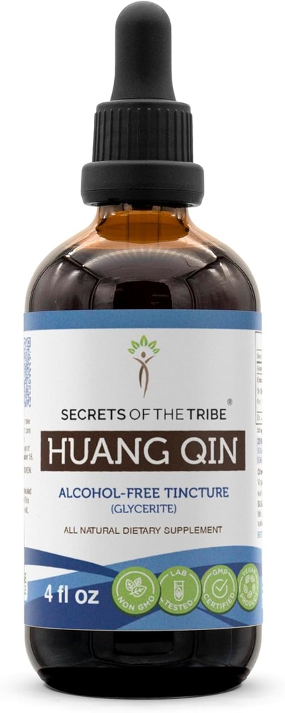 Secretos del Tribe Huang Qin Extracto líquido libre de alcohol, Huang Qin salvaje (Scutellaria Root, Radix Scutellariae Baicalensis) Suplemento de Tintura de raíz seca (4 FL OZ)