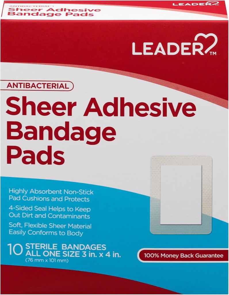 LEADER Sheer Adhesive Bandage Pads, Packs ofBlends with Skin, Highly Absorbent Non-Stick Pad, for First aid and Wound Care Protection, Compare to Band-Aid, All one Tamaño 3/4" x 4", 100 ct.