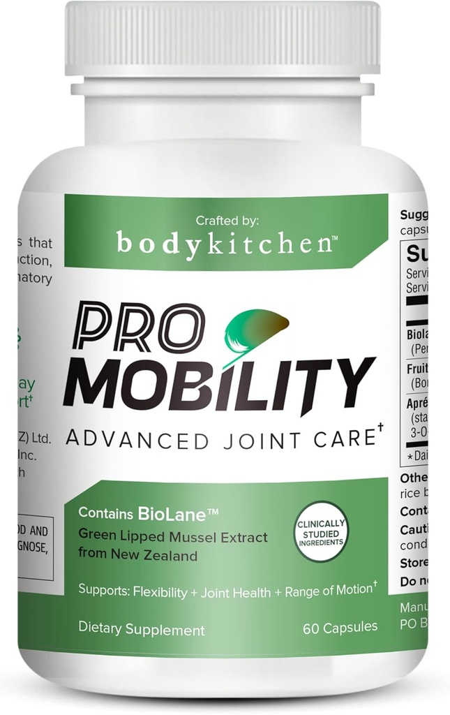Body Kitchen ProMobility Joint &amp; Muscle Support – 1050 mg Green-Lipped Mussel Extract, FruiteX-B® &amp; Boswellia for Mobility & Comfort (60 cápsulas)