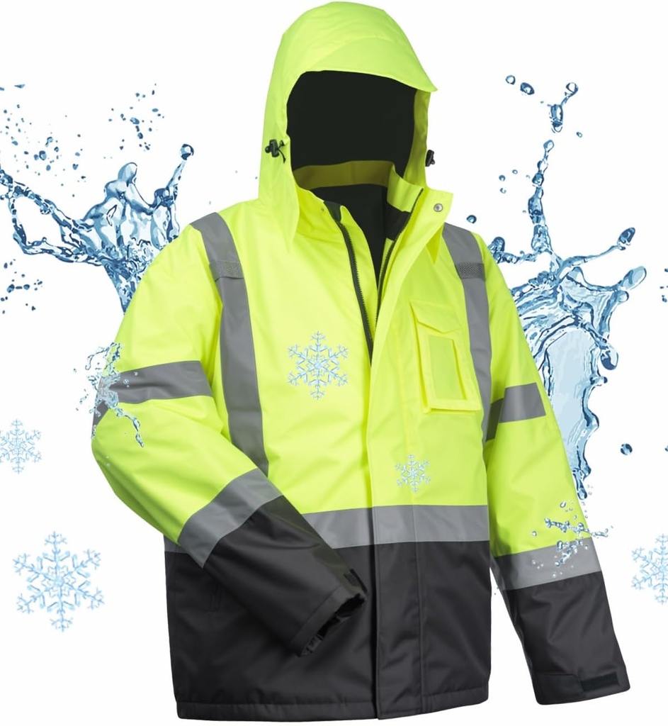 toolant 100% impermeable chaquetas de seguridad para Hombre, Chaquetas de trabajo reflectantes Hi Vis, Cajas de lluvia de construcción para clima frío