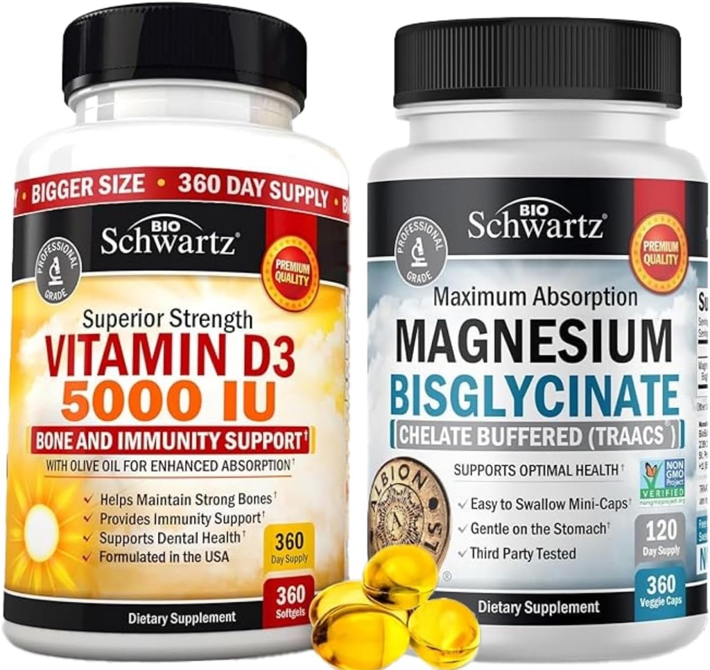 Vitamina de alta resistencia D3 5000 UI 125 mcg (1 año de suministro) Más cápsulas de alta absorción Magnesio Bisglycinate (4 mes de suministro)