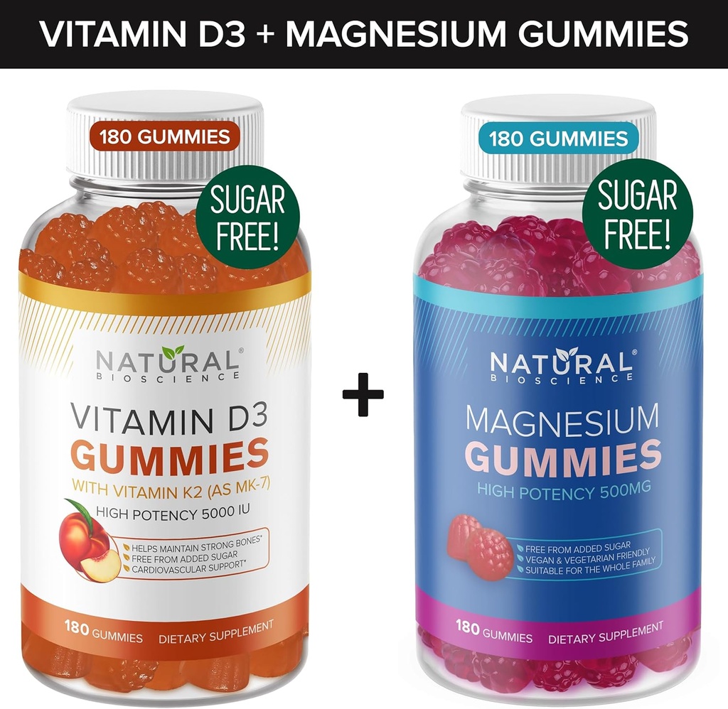 Azúcar Vitamina D3 K2 Gummies (180 Gummies) y Azúcar Gummies de Magnesio Extra Gratuito (180 Gummies), Vitamina D3 Gummies 5000 IU+K2 MK7 80 mcg, Magnesium Citrate Gummies 500 mg