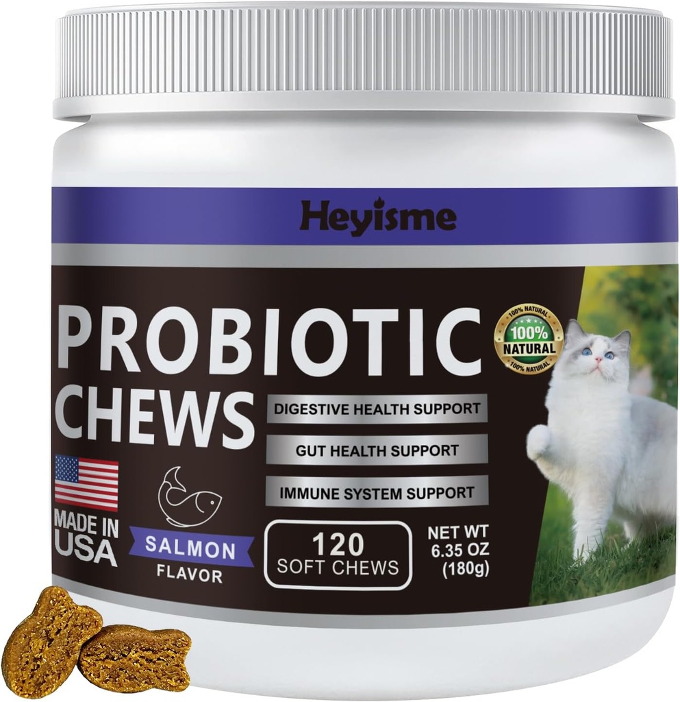 Cat Probiotic, Chews for Gut and Immune Health, Cats Probiotic Supplement for Cat Digestive Support, Healthy Digestion, Cat Constipation and Diarrhea Relief (Salmon, 120 Chews)