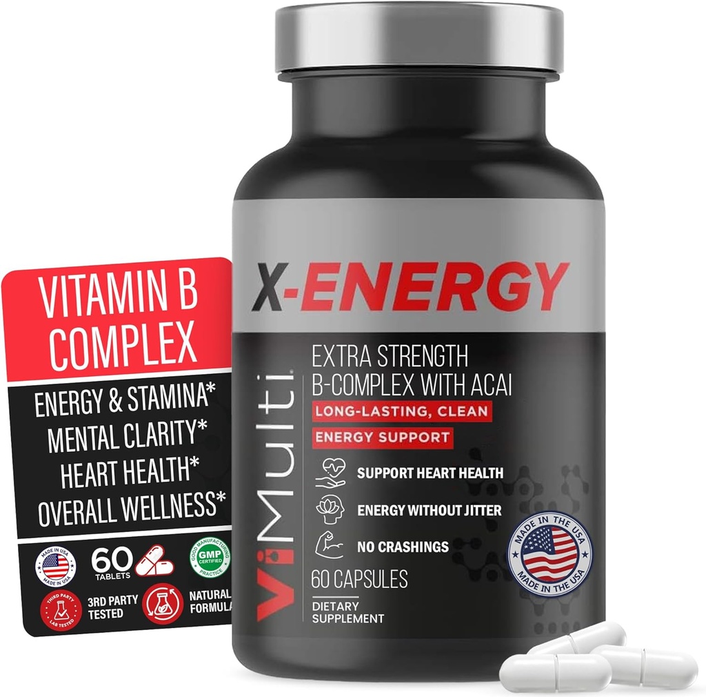 Complejo X-Energía Extra Strength B con vitamina B12 – Apoyo energético con B1, B2, B3 Niacin, B6, ácido fólico, Biotina, B5, Taurine, Ginseng, Rhodiola, Maca, Acai &amp; Spirulina – 60 cápsulas