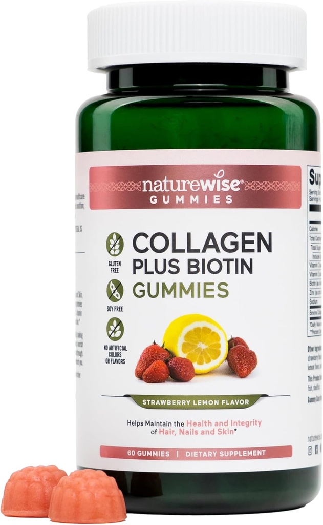 NatureWise Collagen Gummies - Hidrolyzed Collagen Gummies - Tipo 1 & 3 Peptides for Women + Biotin, Vitamina C, E, " Zinc for Hair Skin and Nails Support - 60 Condes[1-Month Supply]