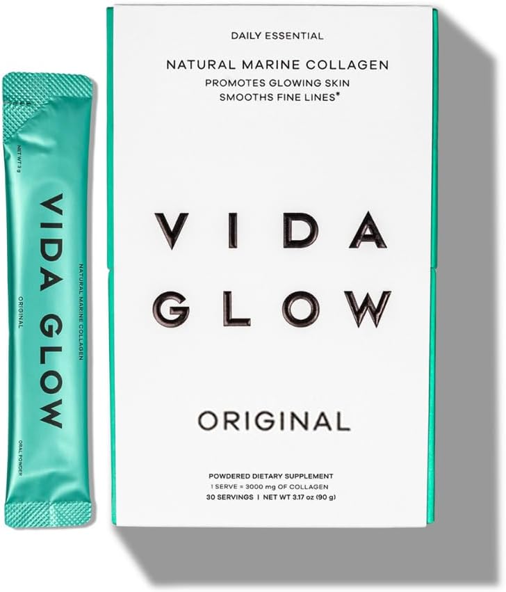 Vida Glow Marine Collagen Powder - Anti Aging Supplement with Collagen Peptides, Promotes Glowing Skin, Strong Nails, Healthy Hair TEN 30 Servings, Original Flavor