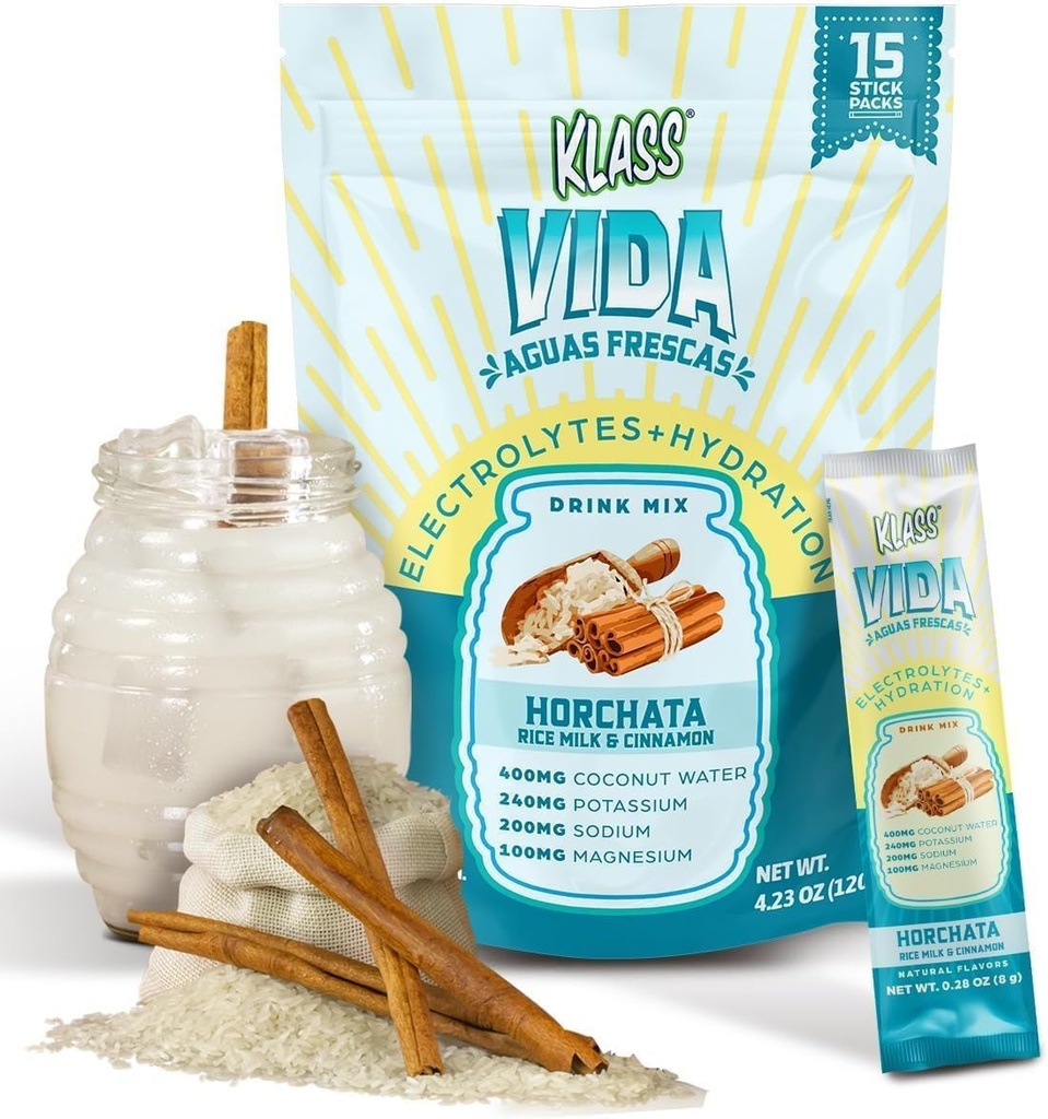 KLASS VIDA Electrolyte Drink Mix – Horchata Agua Fresca Flavor ← Polvo de hidratación libre de azúcar con agua de coco " Minerales " TEN 15 Packs de palo de un solo manga en bolsa resealable, calorie baja