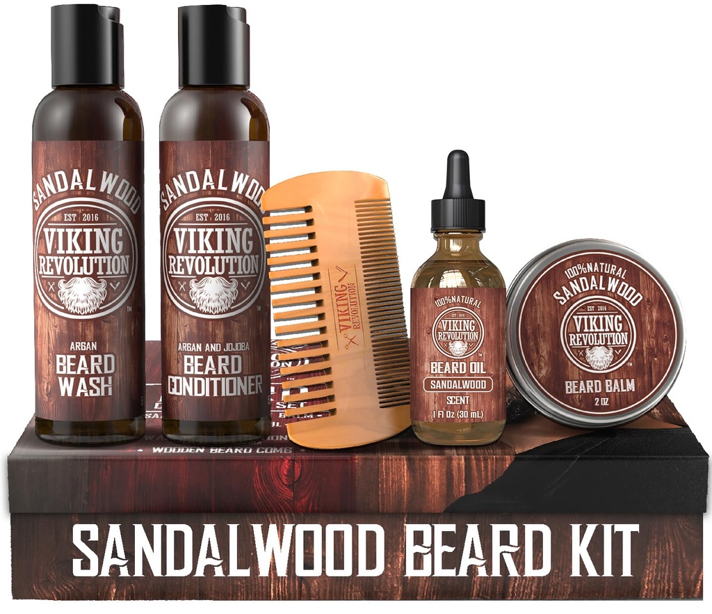 Viking Revolution Ultimate Conditioner for Men's Beard Grooming - Softens, Smoothes and Soothes Beard Itch- Contains Wash, Conditioner, Oil, Balm and Comb- Sandalwood Scent