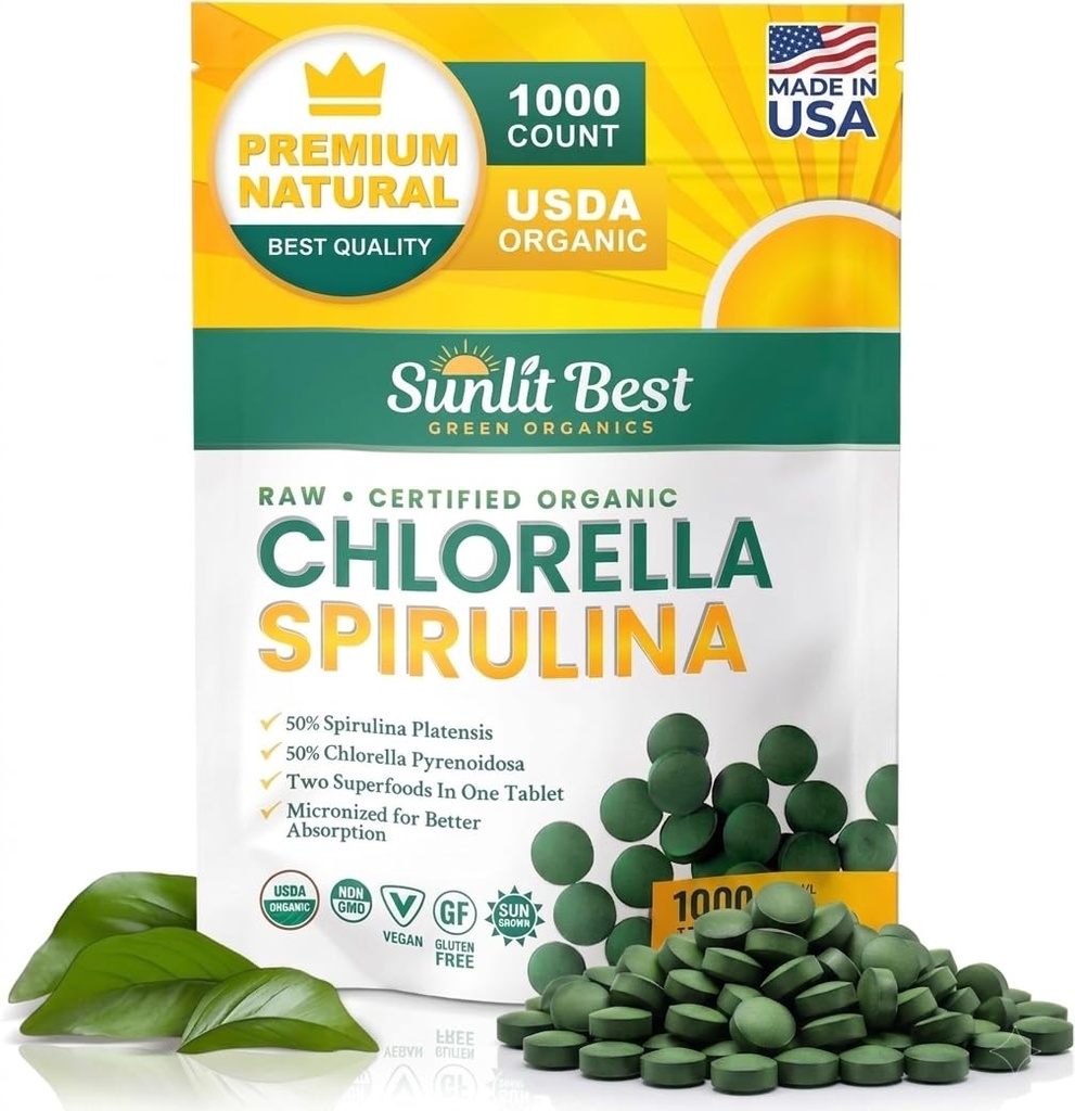 Sunlit Mejor Clorella Spirulina Tablets - Orgánica USDA, Premium Spirulina y Chlorella Tablets 1000 Cuenta - Sun Chlorella Puro Superalimentos Naturales con Algae, Enzymes Chlorophyll & Vegan Protein