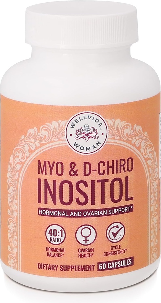 Myo-Inositol & D-Chiro Inositol Supplement Bottle (60 Capsules) 40:1 Ratio Capsule for Ovarian Support Myo-Inositol 1000mg & D-Chiro 25mg Inositol Capsules w/ Caronositol - Daily Inositol for Women