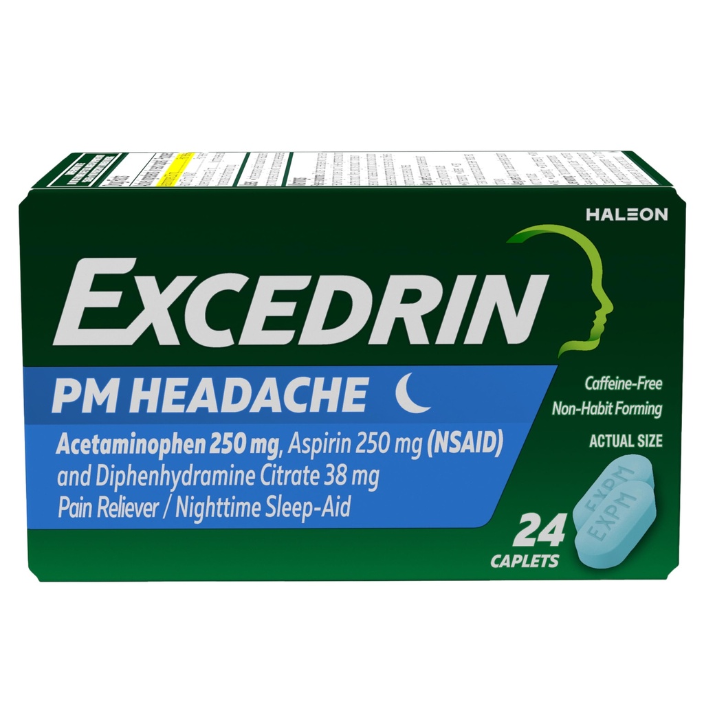 Excedrina PM para alivio de dolor de cabeza, Acetaminofeno 250mg, Aspirina 250mg, Diphenhydramine Citrate 38mg, Dolor de dolor, Noche de dormir-Aid, 24 Cuenta