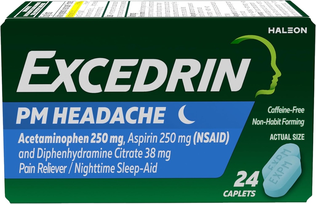 Excedrina PM para alivio de dolor de cabeza, Acetaminofeno 250mg, Aspirina 250mg, Diphenhydramine Citrate 38mg, Dolor de dolor, Noche de dormir-Aid, 24 Cuenta