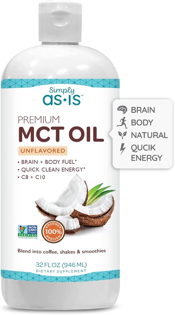 AS-IS Simplemente Premium MCT Oil C8 & C10 ← Desarrollado TENIDO 100% de Cocos No GMO TENIDO Perfecto para el café de la mañana TEN Quick Clean Energy TEN 32 fl oz (63 Servings)