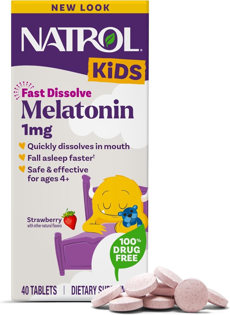 Natrol Kids Fast Dissolve Melatonin 1 mg, Suplemento dietético para el descanso, tabletas de sueño para niños, 40 tabletas de melatonina con sabor a fresa, 40 días de suministro