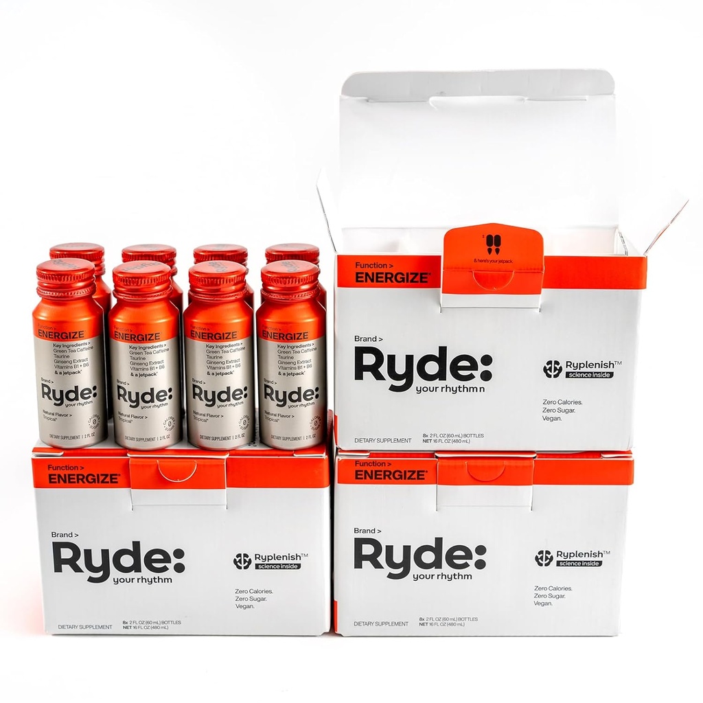 Ryde: Energize Shot ¦ Tropical Flavor ← Green Tea Caffeine, Taurine, Ginseng Extract " B Vitamins TENER 0 Calories, 0 Sugar TEN 2 FL OZ Shots ANTERI Boost energy* (24 Pack)