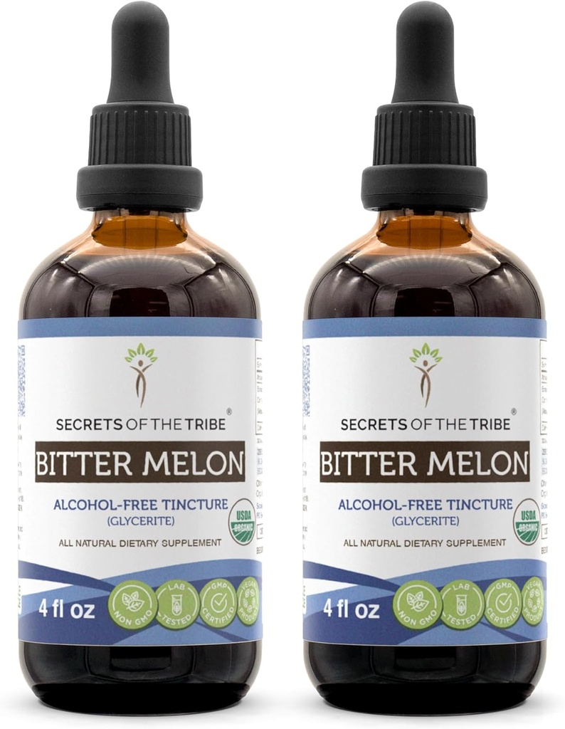 Secrets of the Tribe Bitter Melon USDA Orgánica ← Extract libre de alcohol, gotas herbales de alta potencia Escrito por 100% Certified Organic Bitter Melon (Momordica Charantia) Fruta seca (2x4 oz)