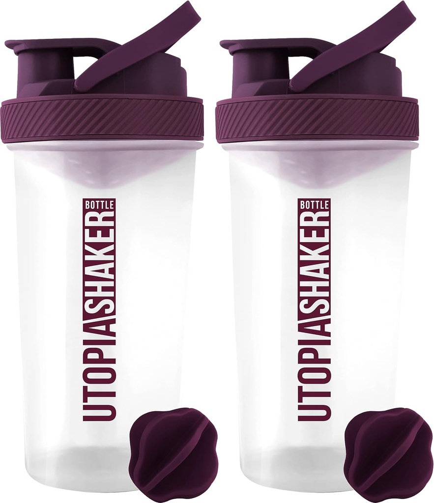 Utopia Home Protein Shaker Botella - (Pack of 2) 28-Ounce Botellas Shaker Para Mezclas Protein - Fitness Sports Classic Protein Mixer Botella (Clear/Plum)