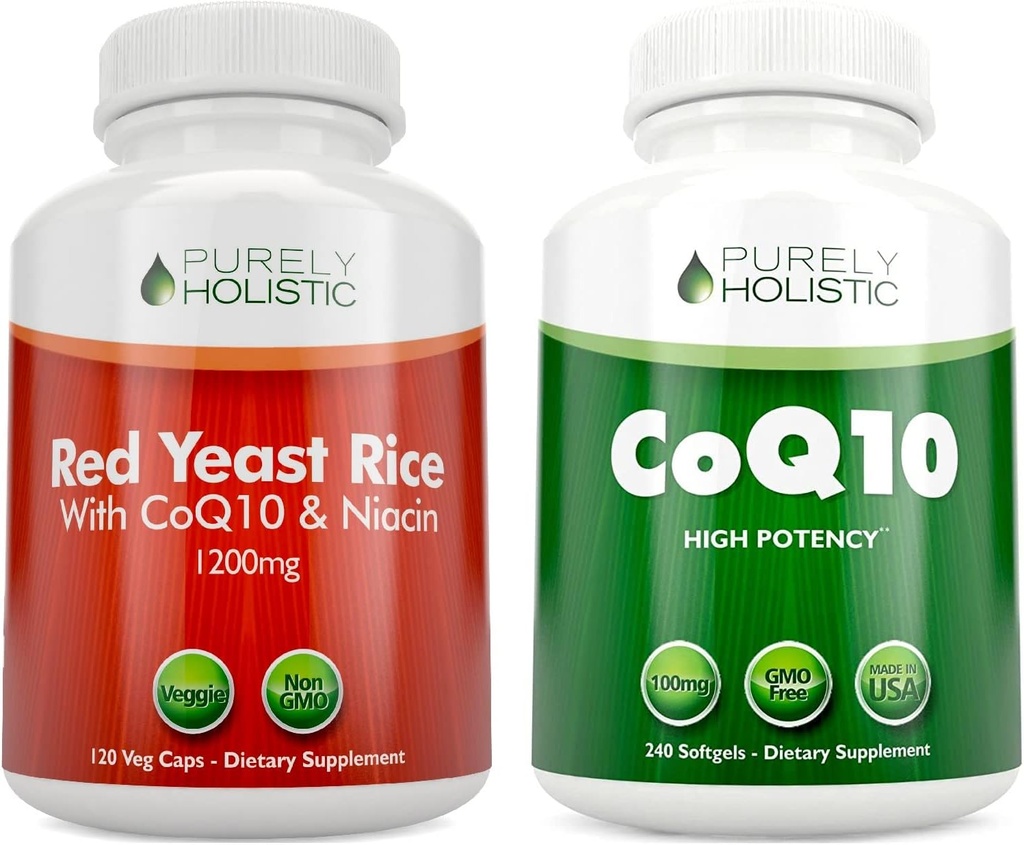 Puramente Holistic Red Yeast Rice 1200mg &amp; Niacin + CoQ10 100mg - 120 Capsules & 240 Softgels Bundle - Made in USA