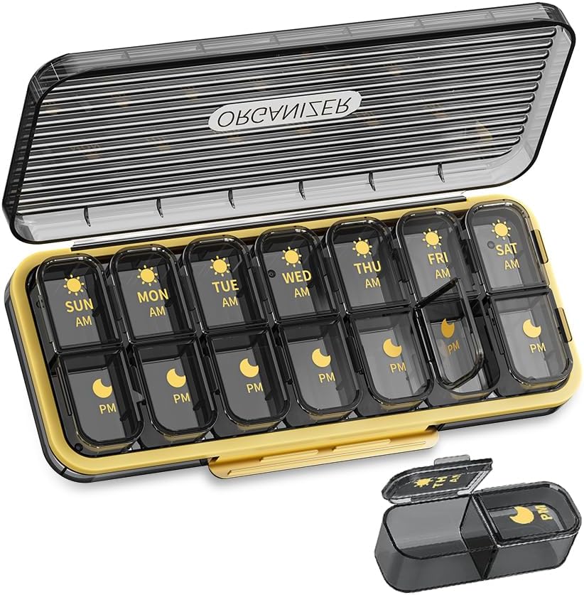 Organizador semanal de píldoras 2 veces al día, ZDQZC Caja de píldoras de viaje 7 días con gran compartimiento diario dispensador de píldoras Contenedor de medicina para vitamina, aceites de pescado, suplementos (2 veces al día, gris)