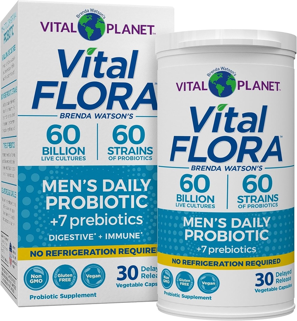 Planeta Vital - Probióticos de Flora Vital para Hombres, 60 Billones CFU, 60 Strains Diversos, 7 Prebióticos Orgánicos, Estante Diario de Hombre Probiótico Estable para Apoyo Inmunitario, Alivio de Gas, Salud Digestiva 30 cápsulas