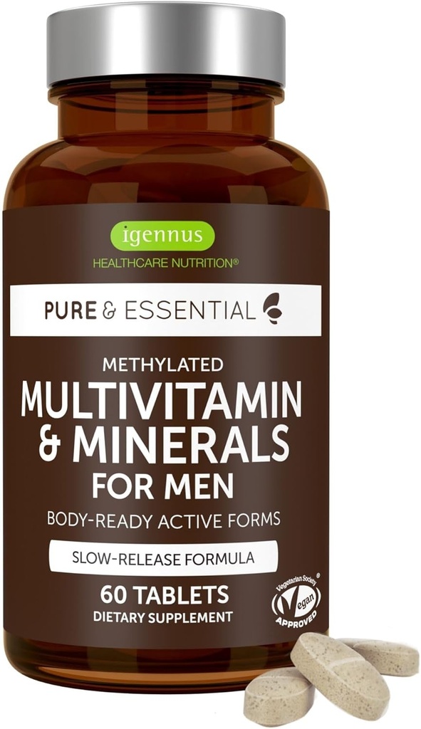 Multivitamina de hombres confeccionados con 22 Activos, Entrega Nutriente de Todos los Días, Puro &amp; Limpio, Metilcobalamina &amp; Metilcobalamina, Suplemento MTHFR de alta resistencia, No GMO & Halal, 60 Tabletas