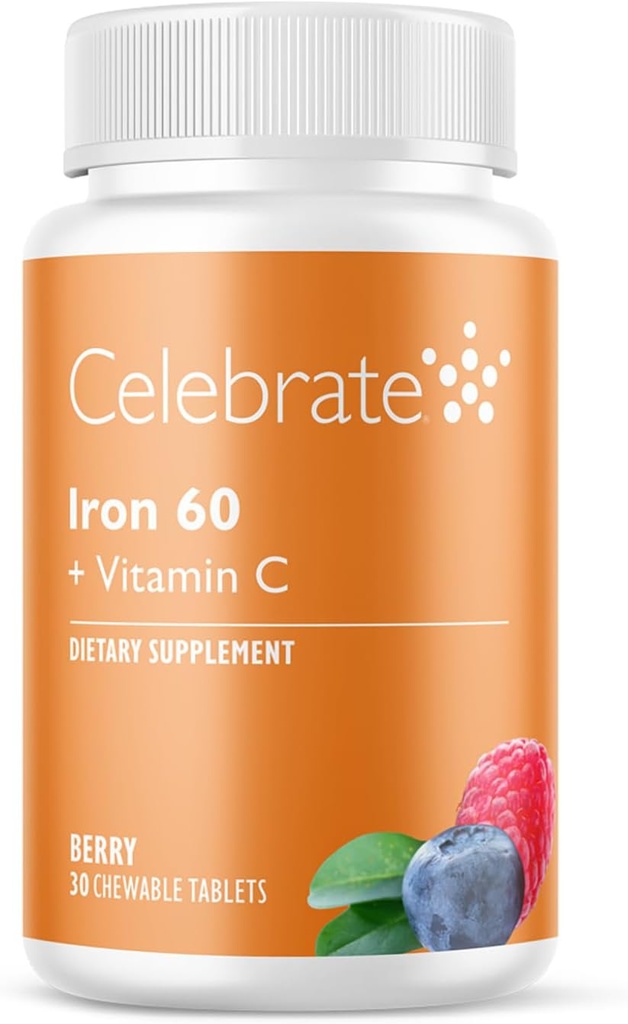 Celebrar Vitaminas Suplemento de Hierro con 60 mg de Iron &amp; Vitamina C – Chewables de Berry para pacientes báricos, Bypass Gástrico &amp; Sleeve Apoyo a la Gastrectomía – 30 Tablas para Mantenimiento de la Salud Post-Surgery