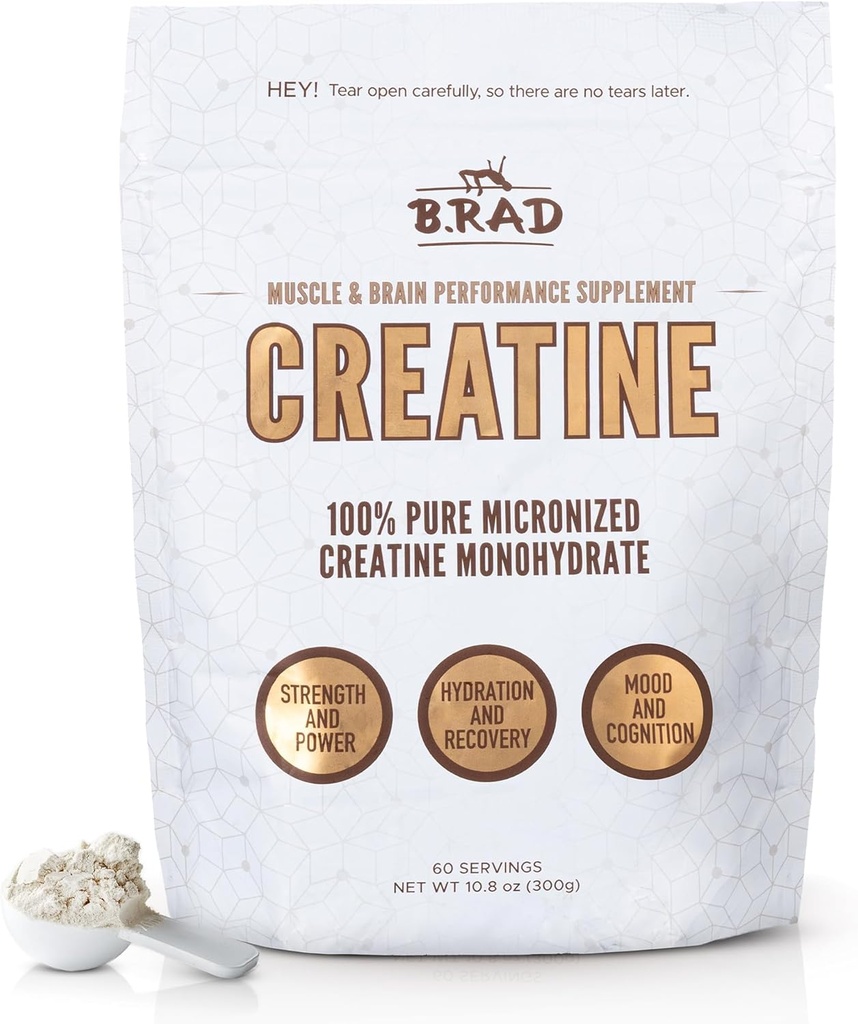 B.rad 100% Pure Micronized Creatine Monohydrate Powder TEN Natural, No Additives TEN Boosts Muscle Strength, Recovery & Performance TEN soporta Brain Health TEN 300g, 60 Servings