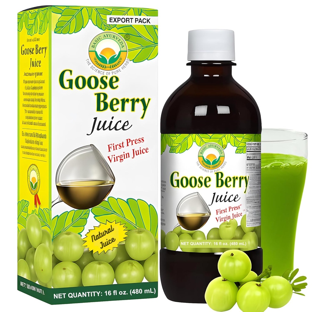 Basic Ayurveda Gooseberry Juice ← Pure Amla Fruit Juice Silencio No Sugar Añadido Silencio Fuente natural de Vitamina C habit for Hair, Eye, Teeth ' Nails  16.23 Fl Oz/480ml
