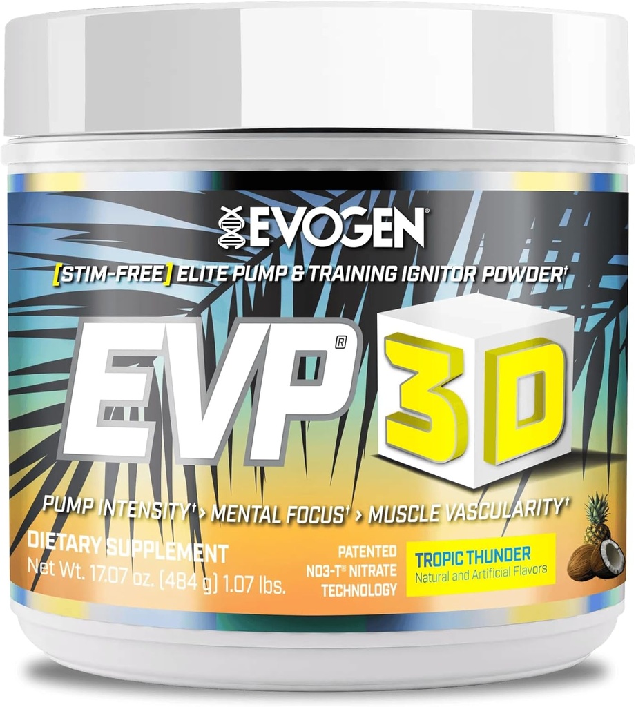 Evogen EVP 3D - Estim Free Pre Workout Powder para Hombres &amp; Mujeres ← Sugar Free Non Stim Preworkout with Beta Alanine and Creatine for Energy &amp; Pump ← Tropic Thunder ← 40 Servings