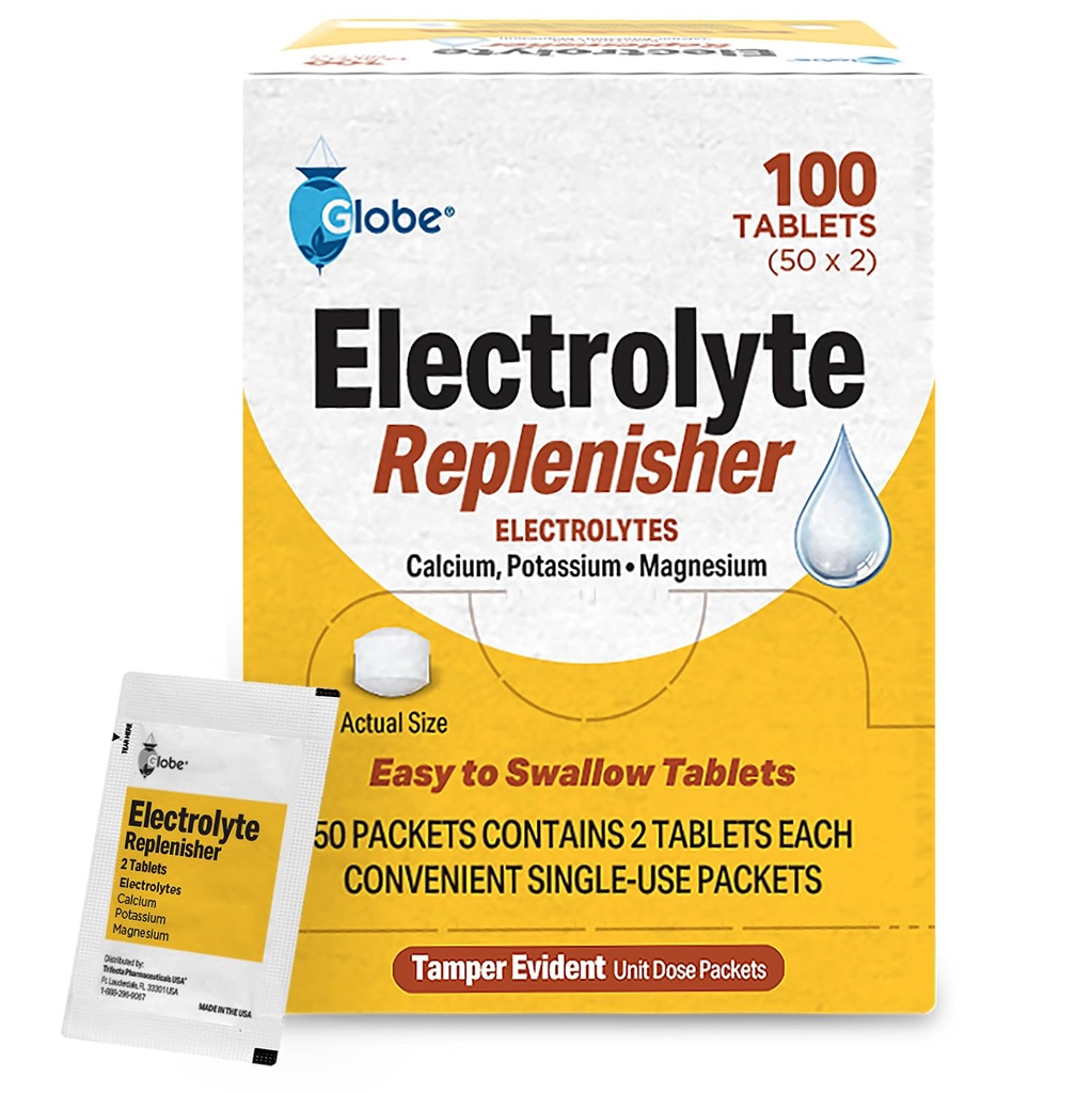 Globe Electrolyte Replacement Tablets for Rehydration, Exercise Recovery, Youth &amp; Adult Athletes, Hiking, Camping, &amp; Sports Recovery y Más... 50 Packets of 2 Tablets Cada, 100 Cuentas