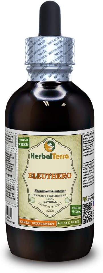 Eleuthero (Eleutheroccus Senticosus) Tintura, hojas secas Extracto líquido (Marca: HerbalTerra, Proudly Made in USA) 4 fl.oz (120 ml)