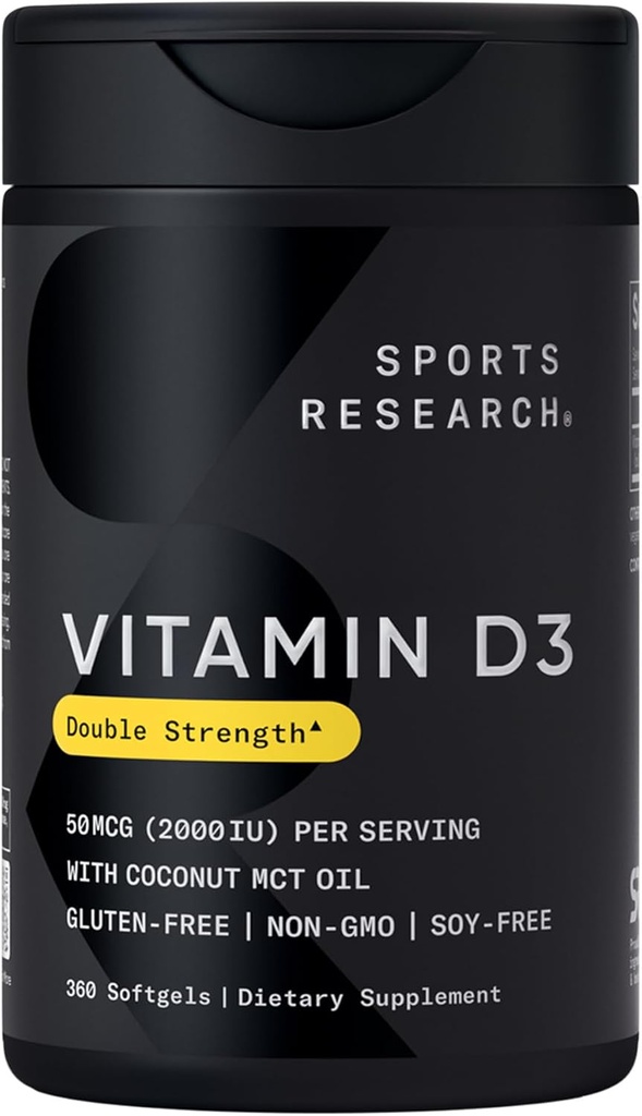 Investigación Deportiva Vitamina D3 2000 UI con aceite de MCT de coco - Suplemento de vitamina D de doble fuerza - No GMO Verificado, Gluten &amp; Soy Gratis – 50mcg, 360 Softgels líquidos