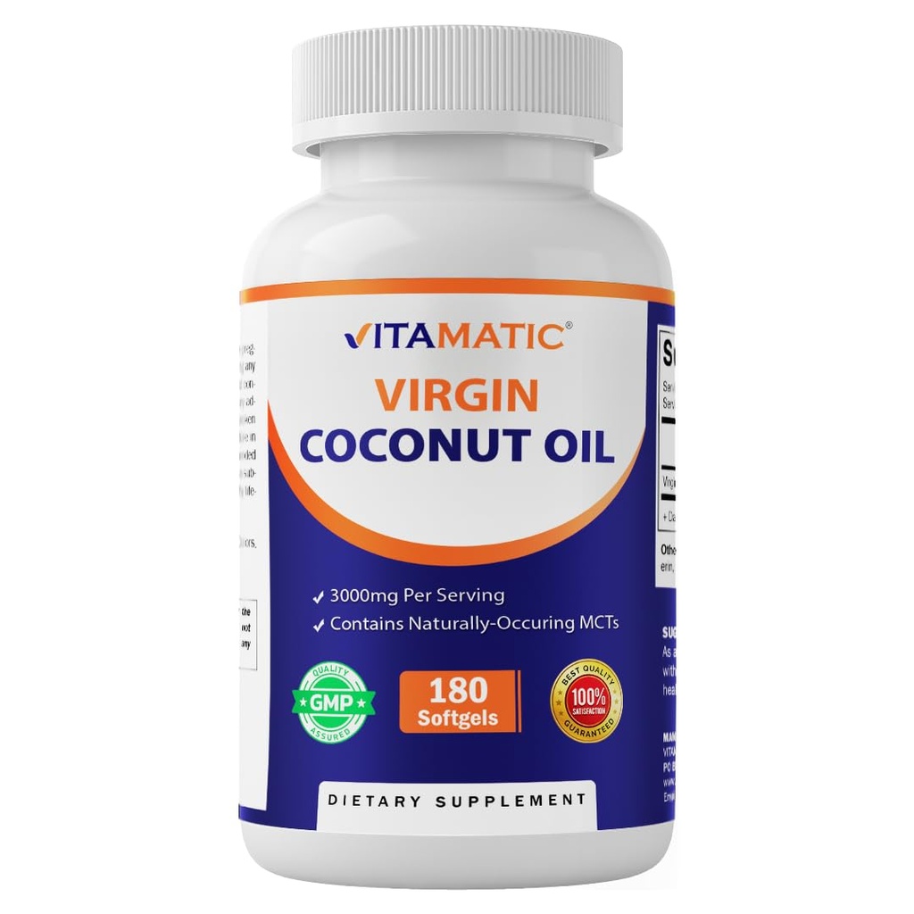 Vitamatic Virgin Coconut Oil Softgels, 3000 mg Per Serving, 60 Servings, 180 Count, Non-GMO, Gluten Free