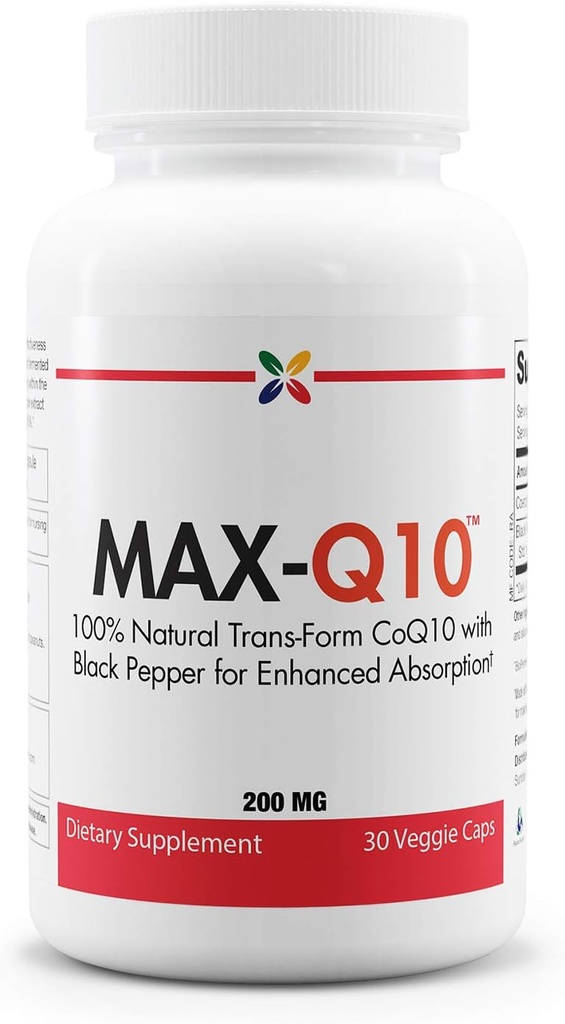 Stop Aging Now MAX-Q10 CoEnzyme Formulado con Kaneka Q10 y Ampliado BioPerine Black Pepper Extracto para alta absorción, salud cardíaca, producción de energía 200 mg cápsulas