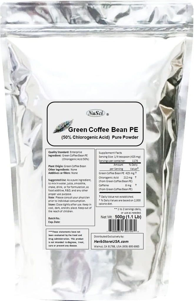 Green Coffee Bean Extract Powder, Standardized 50% Chlorogenic Acid (500 Grams (1.1 lb))